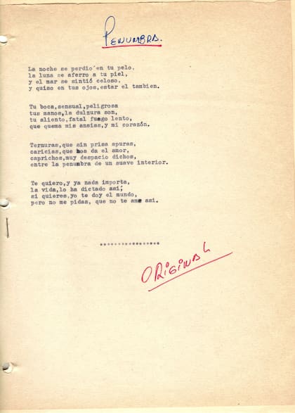 Letra de la canción "Penumbra". Manuscrito original de la letra mecanografiada por Sandro. Gentileza: Olga Garaventa