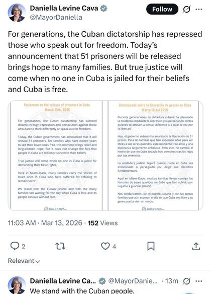 Levine Cava sostuvo que la verdadera justicia llegará cuando nadie sea encarcelado en la isla por sus creencias