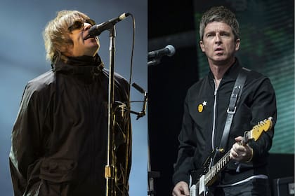 Liam Gallagher performs at the Reading Music Festival, England on Aug. 29, 2021, left, and Noel Gallagher performs at the Glastonbury Festival in Worthy Farm, Somerset, England, on June 25, 2022. (AP Photo)