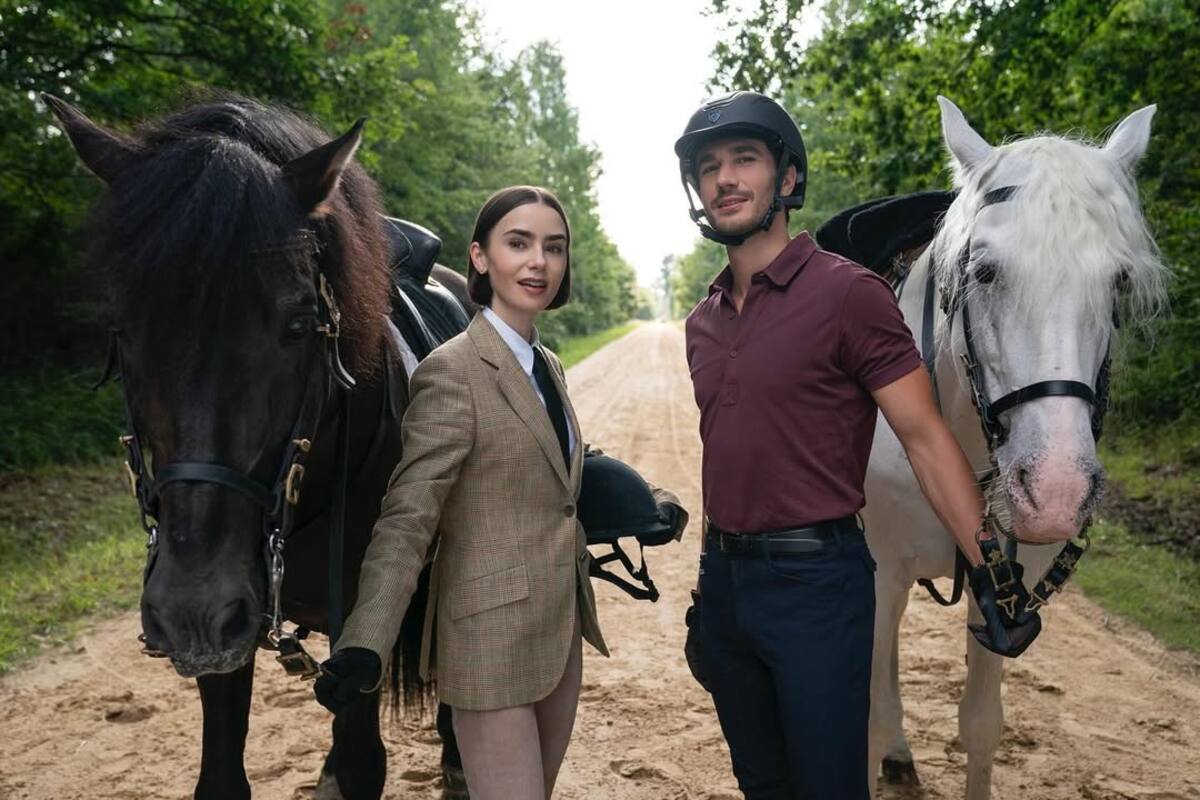 Lily Collins y Eugenio Franceschini en el rodaje de la temporada 5 de Emily in Paris