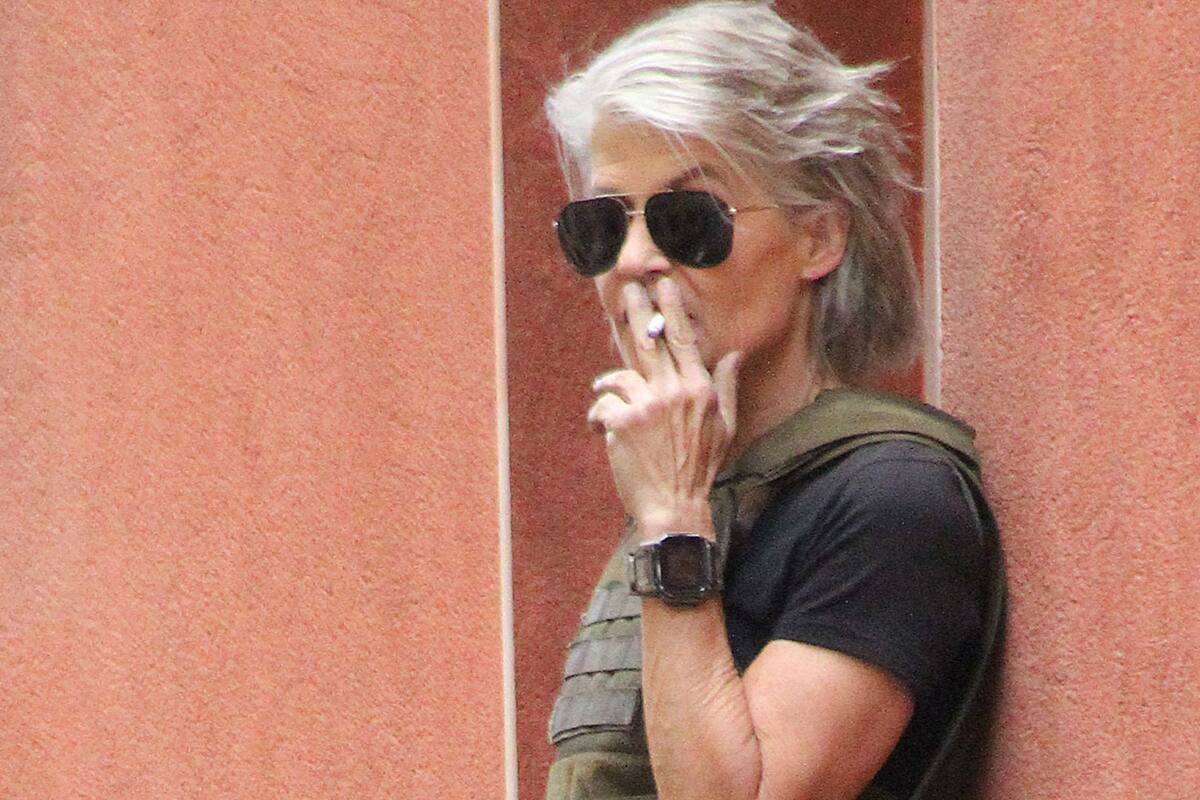 Linda Hamilton, en pleno rodaje de la sexta entrega de Terminator