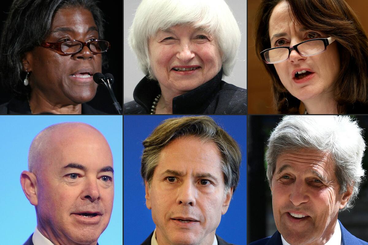 Linda Thomas-Greenfield, Janet Yellen, Avril Haines, Alejandro Mayorkas, Antony Blinken y Antony Blinken