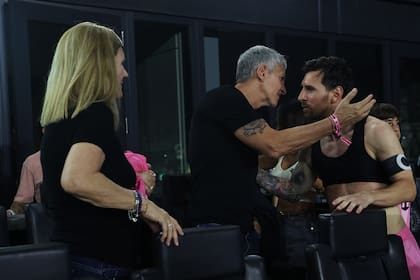 Lionel Messi #10 of Inter Miami CF greets his parents, Jorge Messi and Celia Cuccittini after the 2025 MLS Cup Playoff match between Inter Miami CF and Nashville SC at Chase Stadium on November 08, 2025 in Fort Lauderdale, Florida