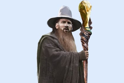 Lionel Messi, caracterizado como el mago Gandalf de "El señor de los anillos", pero dueño de la Copa del Mundo.