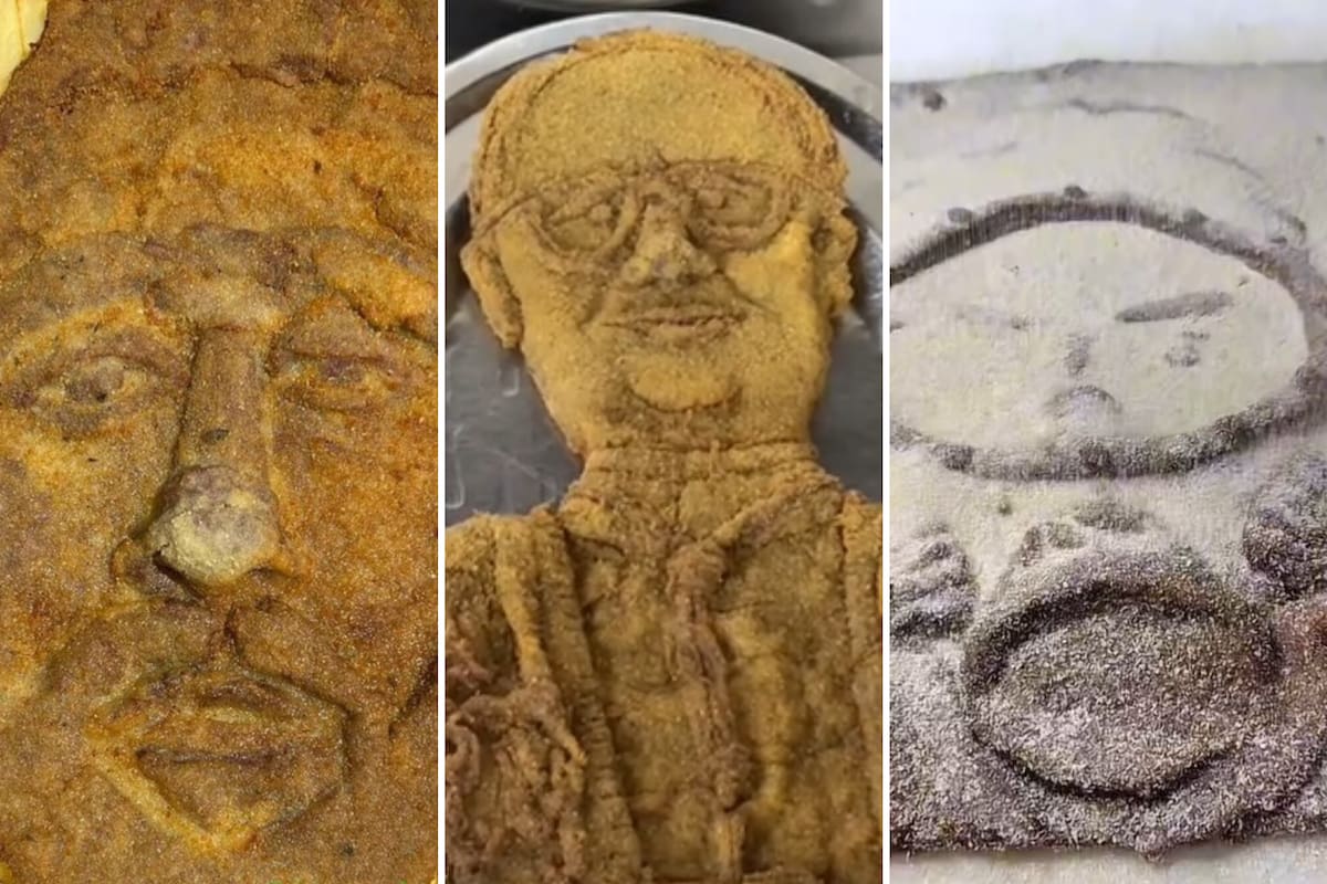 Lionel Messi, el papa León XIV y El Eternauta sobre un lienzo de bola de lomo en forma de milanesa que prepara El Antojo