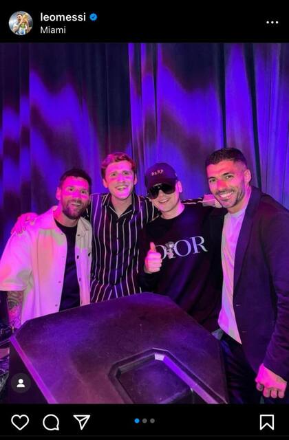 Lionel Messi junto a Bizarrap y Luis Suárez en Miami. (Instagram @leomessi)