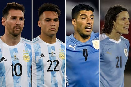 Lionel Messi, Lautaro Martínez, Luis Suárez y Edinson Cavani, los delanteros de un clásico rioplatense con mucho en juego