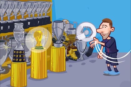 Lionel Messi tira a un costado el trofeo de campeón de Francia en el video de B/R Football, en una sala donde tienen lugares centrales los que logró en el seleccionado argentino.