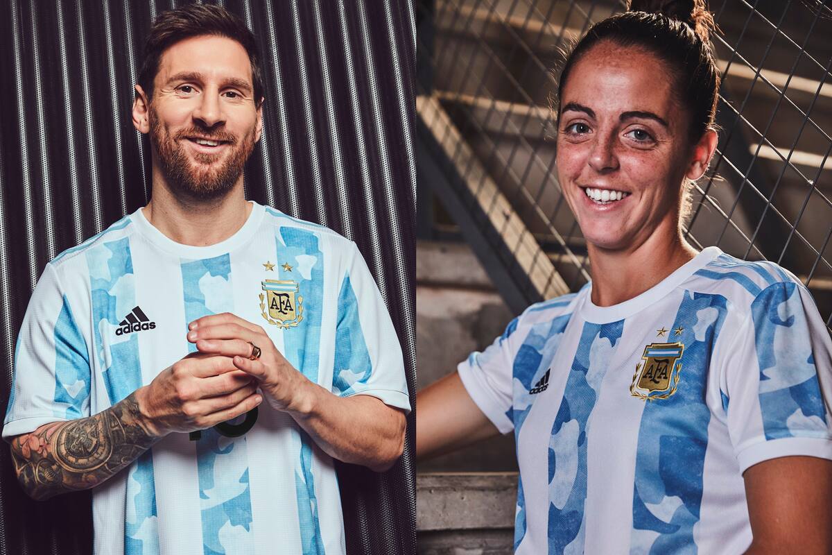 Lionel Messi y Mariana Larroquette posan con la nueva camiseta de la selección argentina (Prensa adidas)