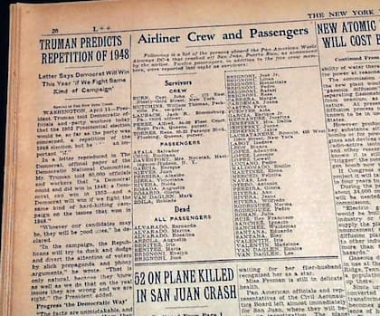 Lista de sobrevivientes y muertos tras la tragedia del vuelo 526A de Pan Am según The New York Times