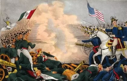 Litografía a mano de James Baillie sobre la Batalla de Buena Vista, donde el ejército estadounidense, bajo mando del general Taylor, venció por completo