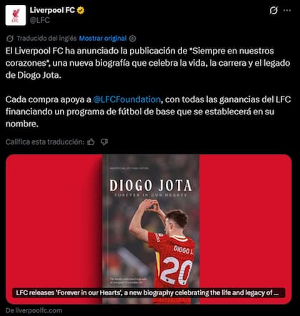 Liverpool confirmó que todas las ganancias financiarán un programa de fútbol de base en nombre de Diogo Jota