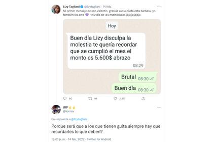 Lizy compartió una deuda con humor en su cuenta de Twitter y fue criticada por uno de sus seguidores