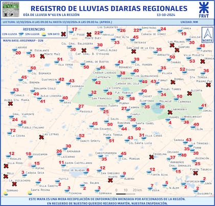 Lluvias sobre el sur de Santa Fe y sudeste cordobés