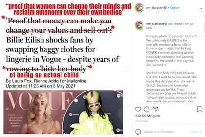 "Lo arreglo por vos": Billie Eilish compartió una imagen para responder a las críticas del diario Daily Mail
