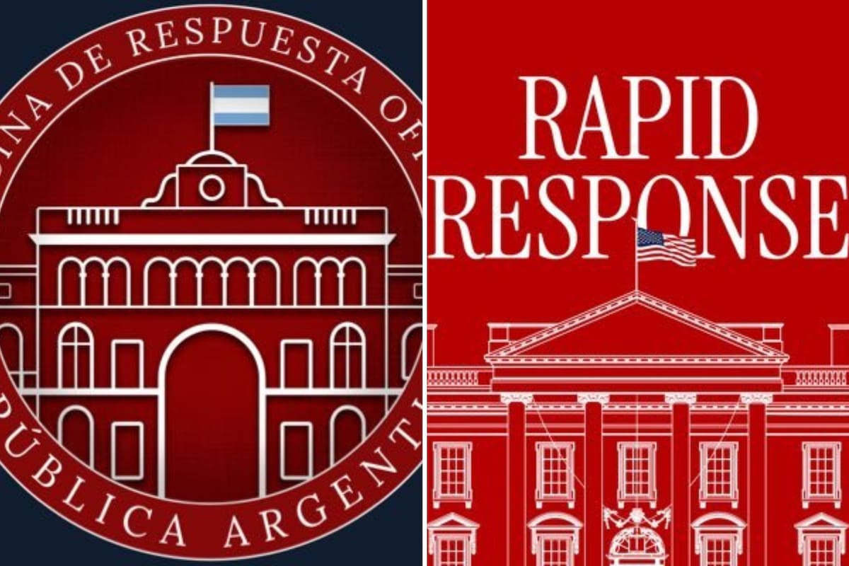 Logo de la Oficina de Respuesta Oficial de Milei (izq.), inspirada en una idea de Trump (der.)