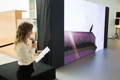 Lola, la perra insignia de Yaguá Rincón, en la pantalla grande de Malba, durante la presentación del libro que cuenta la historia del primer espacio de arte contemporáneo de Corrientes, editado por María Paula Zacharías