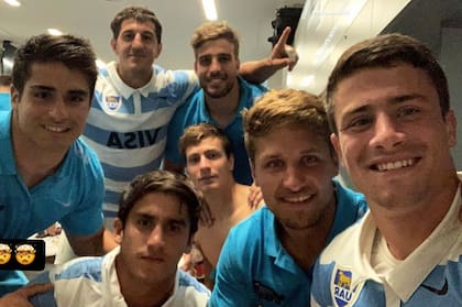 El festejo del plantel de los Pumas en el vestuario tras la hazaña contra Nueva Zelanda