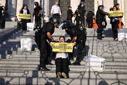 Los activistas de Greenpeace que fueron detenidos esta mañana en Congreso.