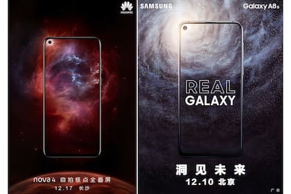 Los afiches promocionales del Huawei Nova 4 y el Samsung Galaxy A8s, ambos con una pantalla sin marcos y una perforación en la esquina superior izquierda para dejar lugar a la cámara; la bocina para llamadas está en el borde de la pantalla