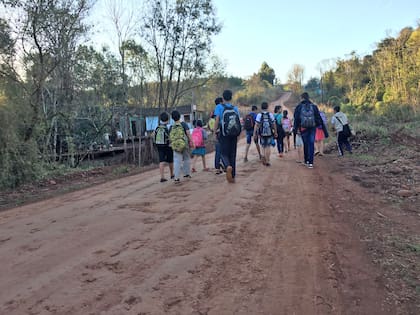 Los alumnos de 5º, 6º y 7º, vuelven de regreso a sus casas por el camino vecinal del paraje San Ramón