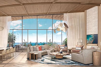 Los ambientes (arriba, vemos el amplísimo livingcomedor de la
Villa Presidencial en las dunas, de 4 dormitorios) se destacan por sus
amplios ventanales que integran el interior y el exterior a la perfección. Los muebles, de diseño, son de mármol y madera.