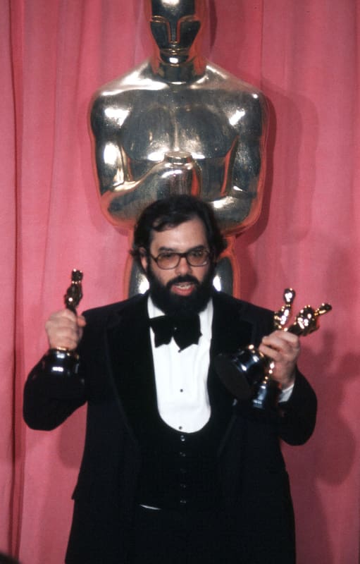 LOS ANGELES,CA - APRIL 8,1975: Director Francis Ford Coppola pose backstage with his Oscar after winning "Best Director" and "Best Picture" award during the 47th Academy Awards at Dorothy Chandler Pavilion in Los Angeles,California. (Photo by Michael Montfort/Michael Ochs Archives/Getty Images)