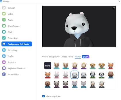 Los animalitos disponibles para usar de avatar en Zoom