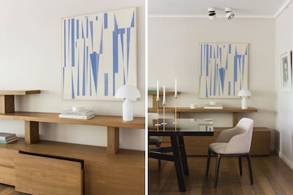 Los apliques del techo ‘Kozmo’ –que en su momento diseñara Idea Iluminación– tienen cabezales con orientación regulable. Mesa de comedor (Azcue). Sillas (Musumeci). Candelabros (Bárbara Bertone).