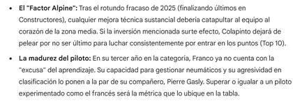 Los argumentos que esbozó la IA acerca del pronóstico que brindó sobre Colapinto (Captura de pantalla Gemini)