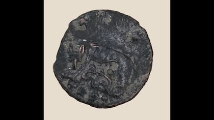 Los arqueólogos también encontraron varias monedas en el lugar, incluida esta que representa el mito romano de Rómulo y Remo siendo amamantados por una loba