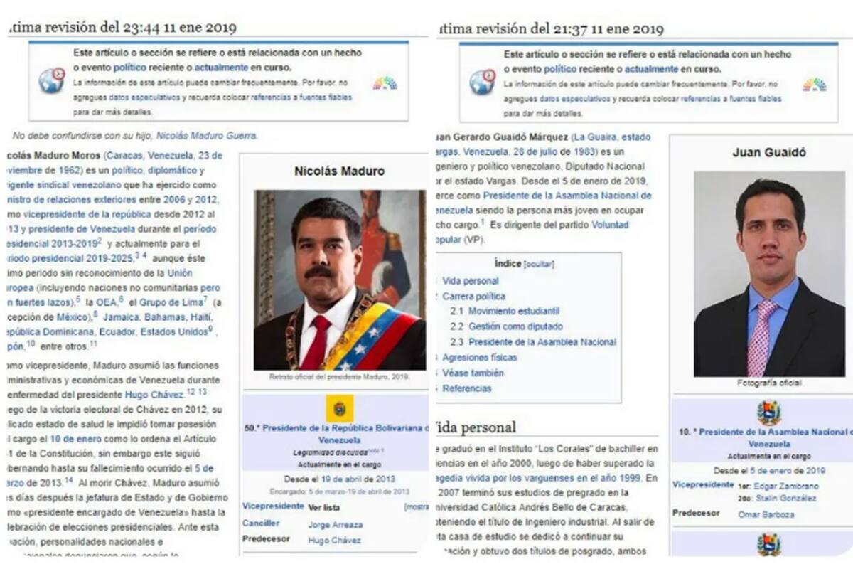 Los artículos sobre Maduro y Guaidó fueron modificados varias veces en los últimos días pro seguidores del oficialismo y de la oposición