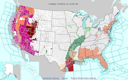 Los avisos de calor (naranja) y alertas por calor excesivo (violeta) en EE.UU.