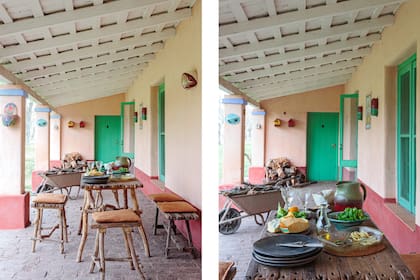 Los bancos y la mesa están hechos con centenarias varillas para alambrado de la vieja estancia El 29.
