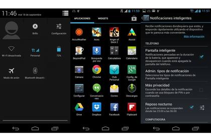 Los botones que agregó al menú de notificaciones; el aspecto general; el menú de configuración de las notificaciones en pantalla