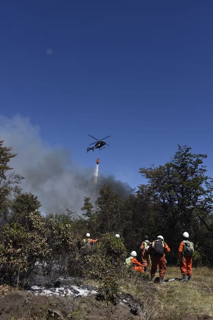 Los brigadistas trabajan en conjunto con helicópteros hidrantes