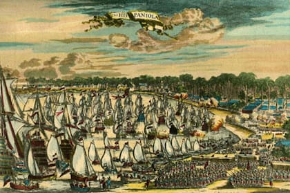 Los bucaneros franceses llegan en la costa occidental de la isla española de Hispaniola, también llamada Santo Domingo/Saint-Domingue, en el Caribe