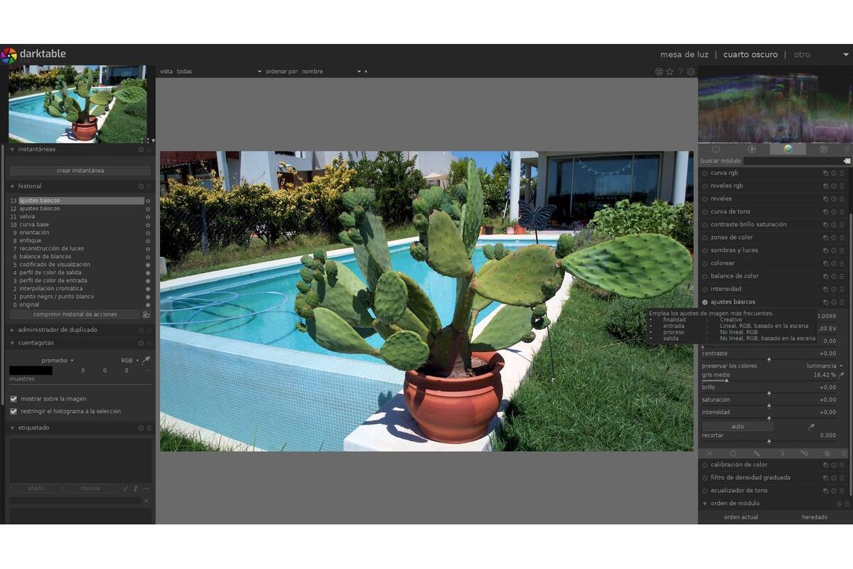 Los buenos smartphones e incluso los drones pueden hoy capturar en formato RAW (usualmente con la extensión DNG, de Adobe). En la imagen, Darktable, un software libre para procesar estos archivos