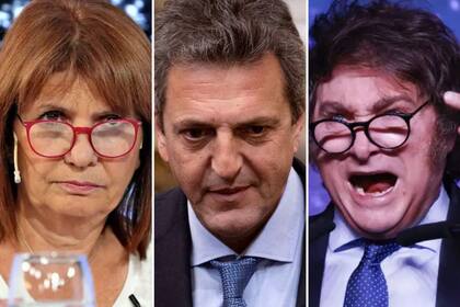 Los candidatos presidenciales: Patricia Bullrich, Sergio Massa y Javier Milei