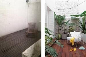 Los canteros con plantas de gran follaje, el deck y las paredes de ladrillo pintadas de blanco lo dejaron como nuevo. Sillón de hierro (Tabureto).