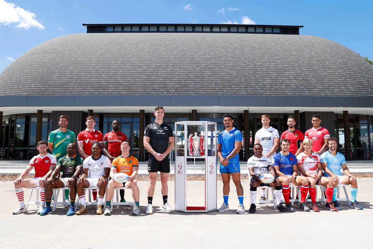 Los capitanes de los seleccionados participantes en el Seven de Hamilton, la cuarta etapa del Circuito Mundial; Matías Osadczuk (derecha, arriba) seguirá siendo el de Pumas 7s, pese al retorno de Santiago Álvarez Fourcade.