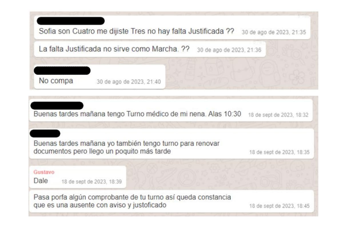 Los chats de la causa número CFP 4489/2023 que señalan un sistema de castigos, multas y contraprestaciones para acceder a planes y alimentos