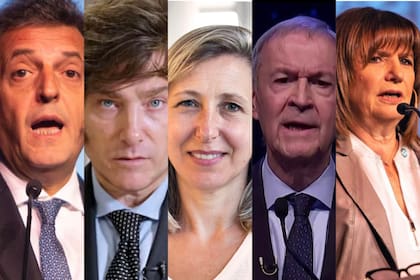 Los cinco candidatos a presidente: Sergio Massa, Javier Milei, Myriam Bregman, Juan Schiaretti y Patricia Bullrich