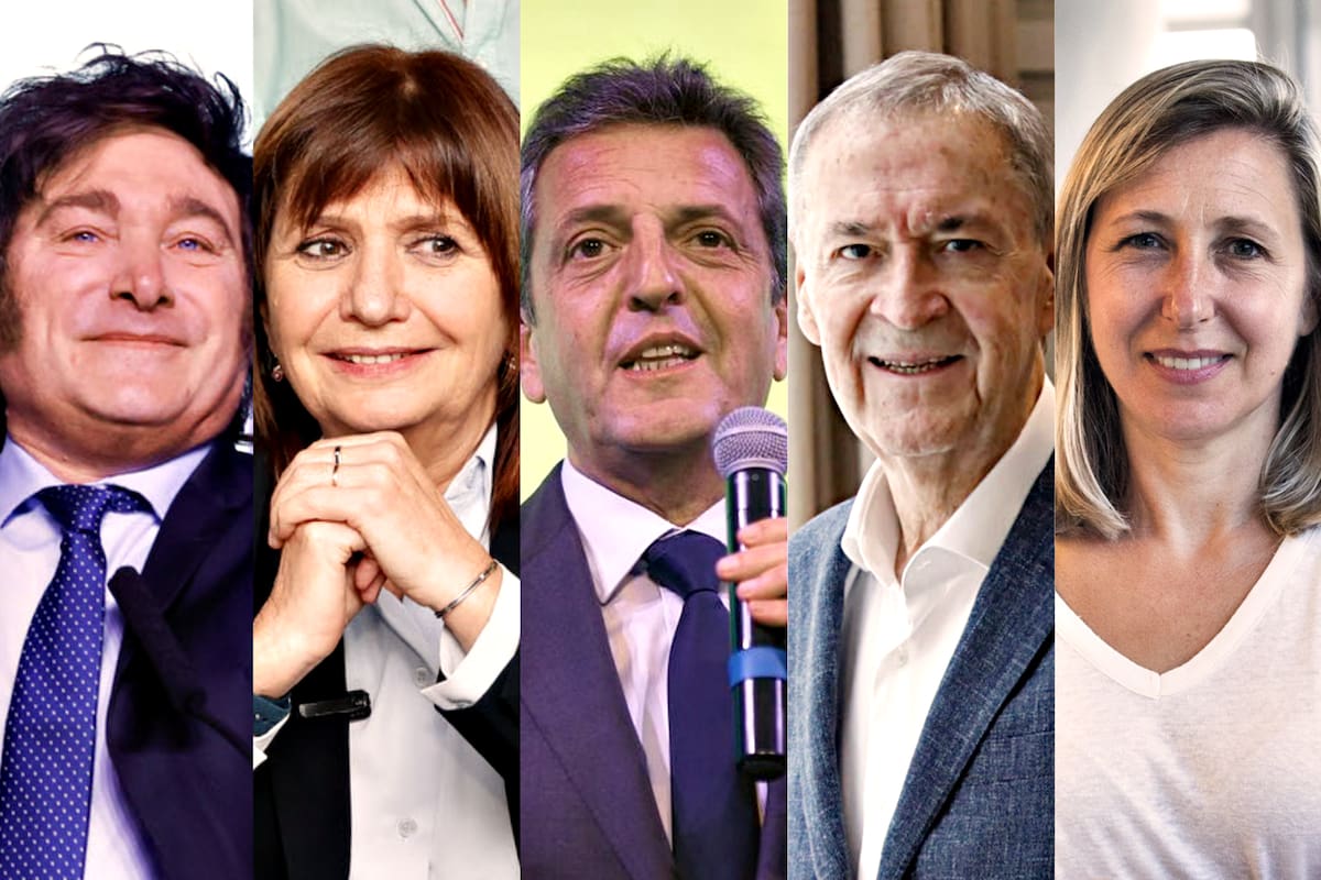 Los cinco candidatos presidenciales, de izquierda a derecha: Javier Milei, Patricia Bullrich, Sergio Massa, Juan Schiaretti y Myriam Bregman