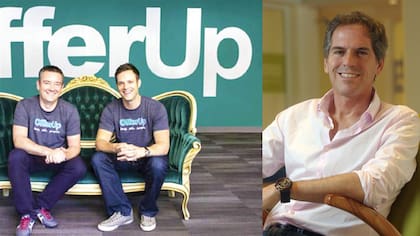 Los cofundadores de OfferUp, Arean van Veelen (izq.) y Nick Huzar (der.), en su sede, y Alec Oxenford, cofundador de Letgo.