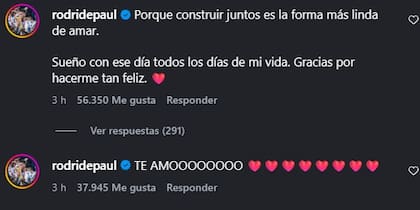 Los comentarios de Rodrigo De Paul en la publicación de Tini Stoessel