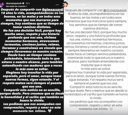 Los comunicados de Vázquez y Accardi en Instagram donde anunciaban su separación