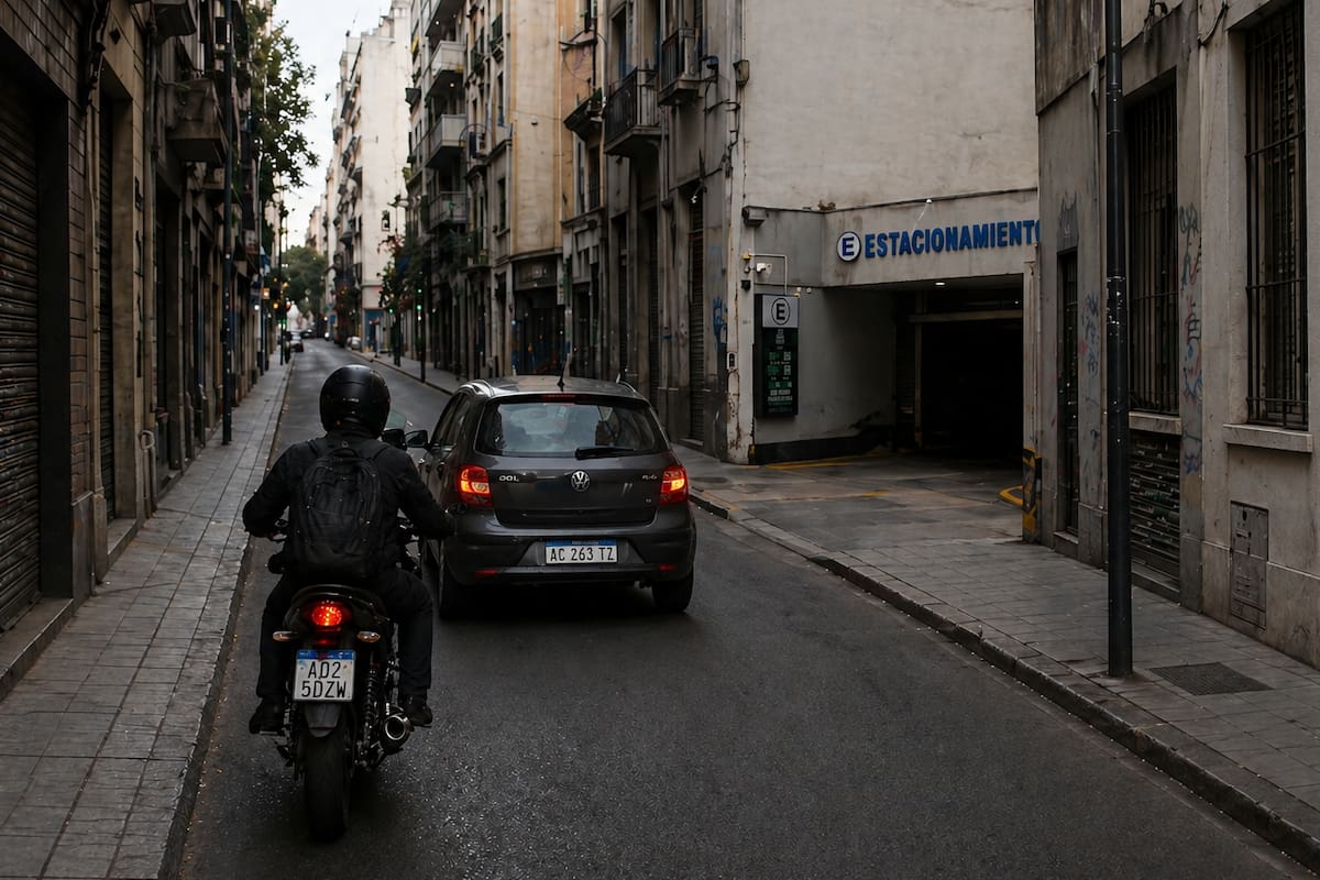 Los conductores suelen tener la duda si deben colocar balizas o el guiño antes de entrar a un estacionamiento (imagen generada con inteligencia artificial)