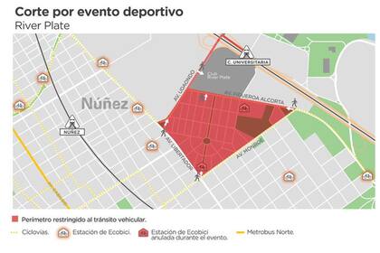 Los cortes alrededor del Monumental. Foto: BA tránsito