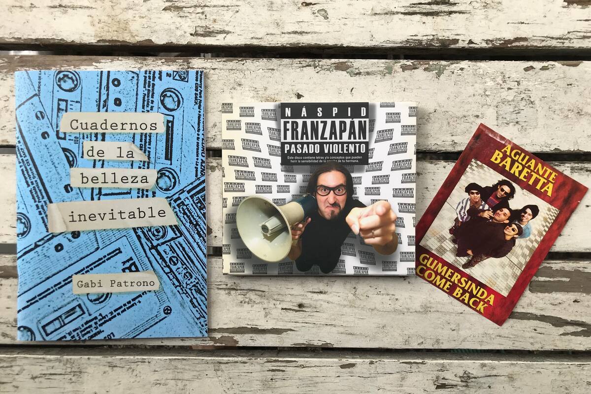 Los cuadernos de la belleza inevitable, el libro de Gabi Patrono, y parte de la obra de Náspid Franzapán, exbajista de Aguante Baretta.